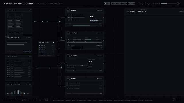 Explore an advanced dark-mode autonomous AI research workflow dashboard featuring multiple specialized agents for data analysis and report generation in a sleek enterprise environment.