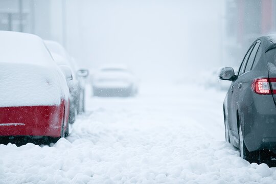 Vehicles parked on snowy street during a blizzard