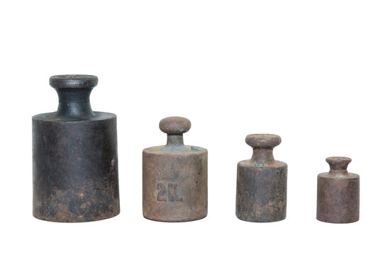 Set group collection of old, weathered, and rusty vintage retro scale weights, isolated on transparent white background png