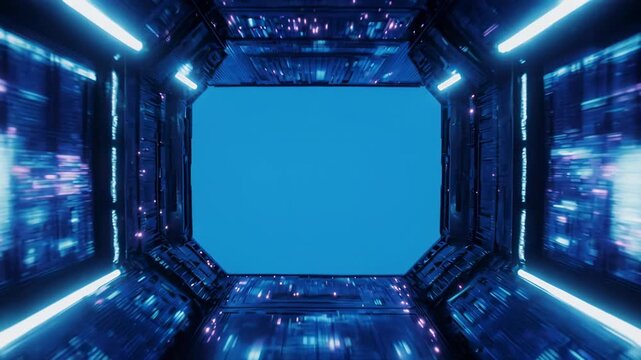 Abstract neon tunnel with glowing particles moving forward in a futuristic cyberspace environment
