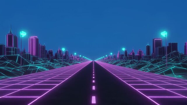 Retro cityscape highway driving during neon night with synthwave grid motion