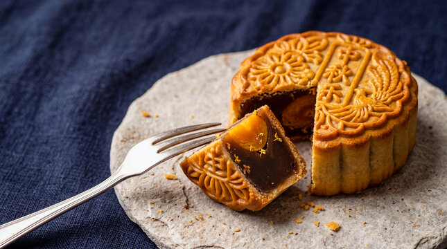 Mooncake Delight: A traditional mooncake, intricately patterned, is presented on a stone plate, with a piece cut away to reveal a rich filling, suggesting a moment of festive indulgence.