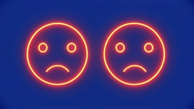 Sad Face Neon Icons Appearing in Sequence on Blue Background with Subtle Movement