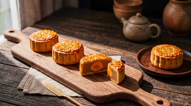 Mooncake Festival Delight: A spread of golden mooncakes, one perfectly halved to reveal a rich yolk filling, are arranged on a rustic wooden board, set against a backdrop of traditional teaware.