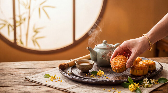 Autumnal Tea Ritual: A hand reaches for a delicate mooncake, served with steaming tea from an ornate teapot, against a backdrop of traditional Chinese decor and a glowing window.