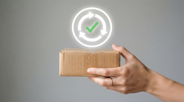Hand holding a small brown cardboard box with a glowing white circular recycling and a green checkmark floating above it