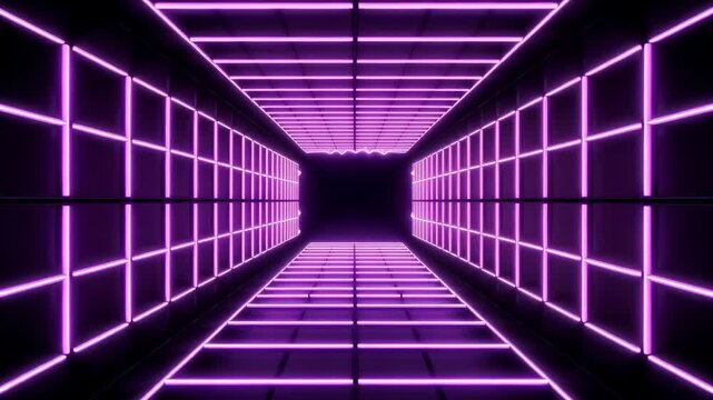 Abstract neon perspective tunnel with repeating geometric grid patterns during a digital simulation