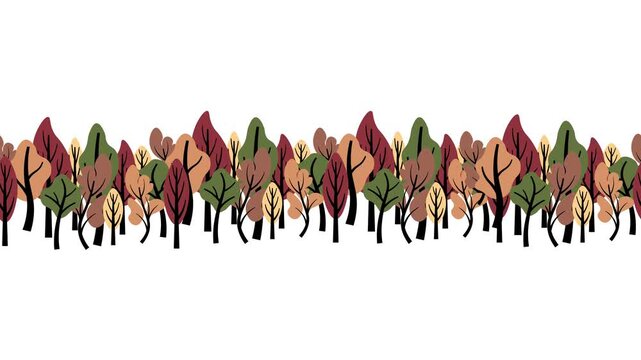 Stylized autumn forest with red and orange trees. Seamless looping animation. Fall forest passing by. Perfect for autumn website header or seasonal backdrop. 