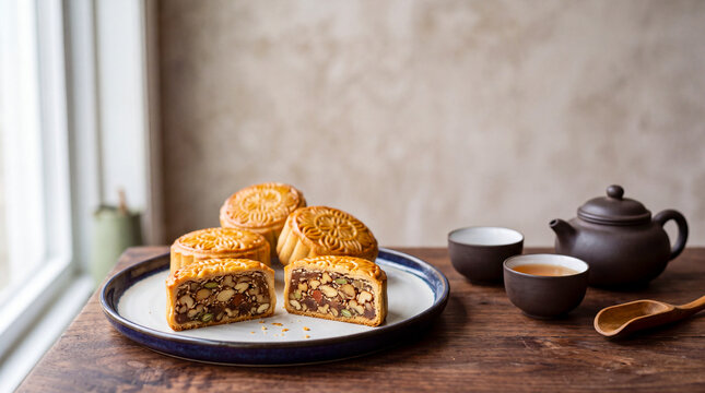 Mooncake Tradition: A delightful spread of traditional mooncakes, featuring a rich, nutty filling, served with fragrant tea in elegant cups and a teapot, evoking the warmth of cultural celebration.