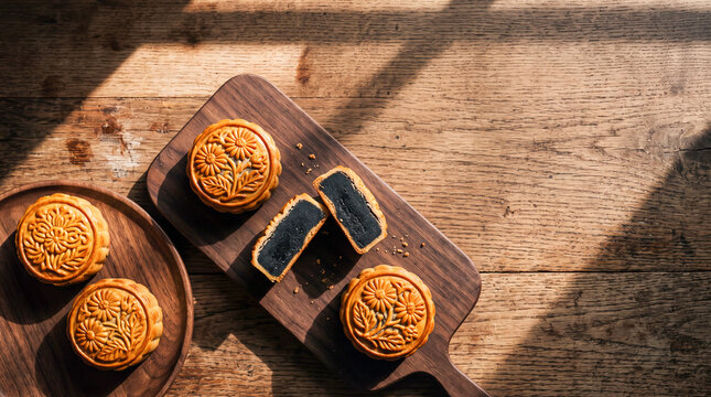 Traditional Mooncake Delights: A top-down view of intricately patterned mooncakes, some whole and one halved to reveal a dark filling, are arranged on rustic wooden platters.