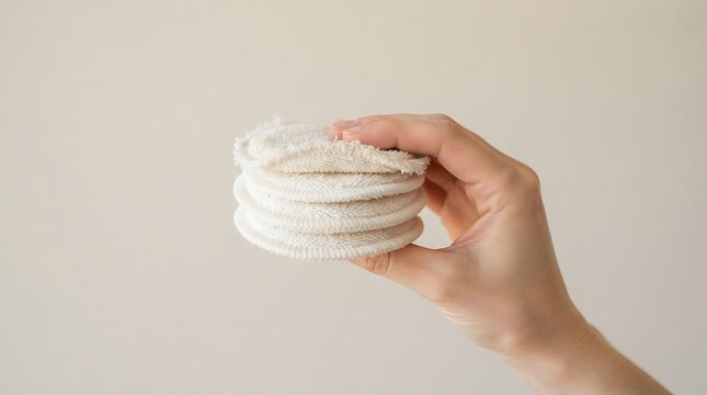 A hand holding a stack of round, white, reusable fabric cotton pads against a plain, light beige background, close-up view