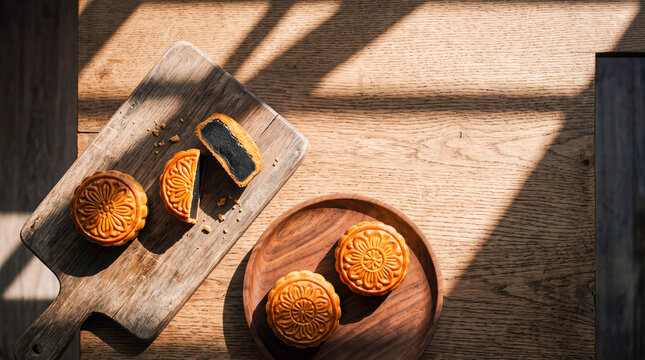 Mooncake Assortment: A traditional mooncake, showcasing its rich filling and intricate pattern, sits alongside whole cakes on a rustic wooden cutting board and plate, bathed in dappled sunlight.