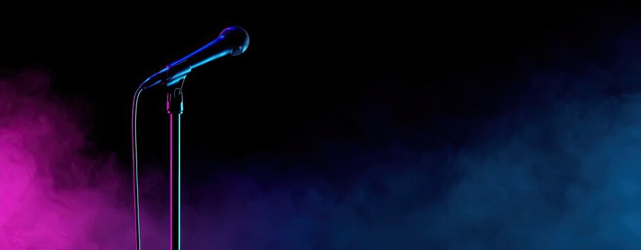 A lone microphone stands on a stand, bathed in vibrant pink and blue atmospheric light
