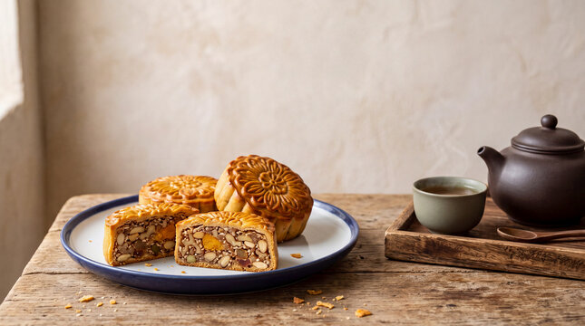 Mooncakes and Tea: A traditional spread of delicate mooncakes, showcasing intricate patterns and a rich, nutty filling, served alongside a steaming cup of tea and a rustic teapot on a wooden table.