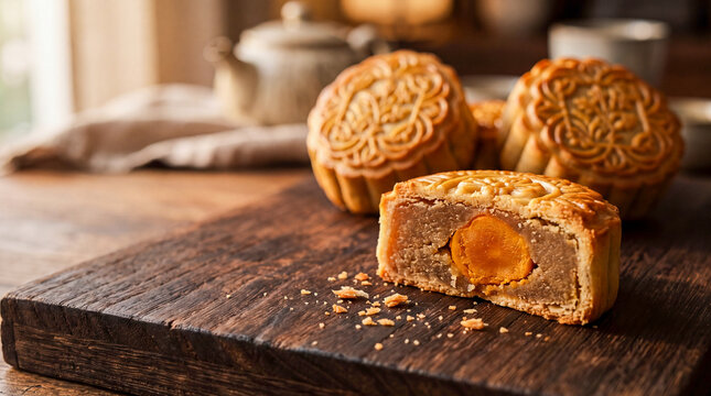 Golden Mooncakes on Wooden Board: A close-up of golden-brown mooncakes, one halved to reveal a rich filling and salted egg yolk, sits on a rustic wooden board, evoking traditional autumn festivities.