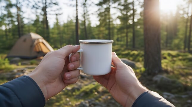 POV hands holding blank generic white enamel mug mockup in nature.