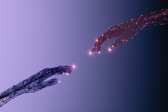 Two glowing wireframe hands reaching out, on a gradient background