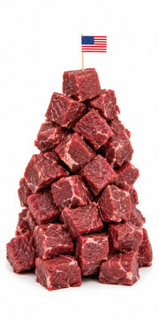 Raw beef cubes stacked in a tall tower with small American flag
