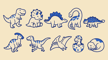 Cute hand-drawn dinosaur vector set, 10 blue line art dino icons. Minimalist prehistoric animal illustrations for kids nursery decor. © Jimmy