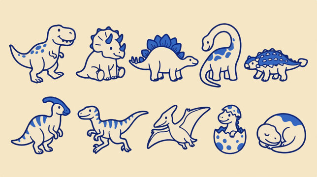 Cute hand-drawn dinosaur vector set, 10 blue line art dino icons. Minimalist prehistoric animal illustrations for kids nursery decor.