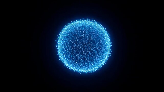 Six glowing blue microscopic spheres evolving in darkness with subtle zoom for science or medical concepts