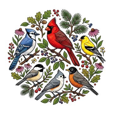 Colorful songbirds and garden plants in a circular arrangement