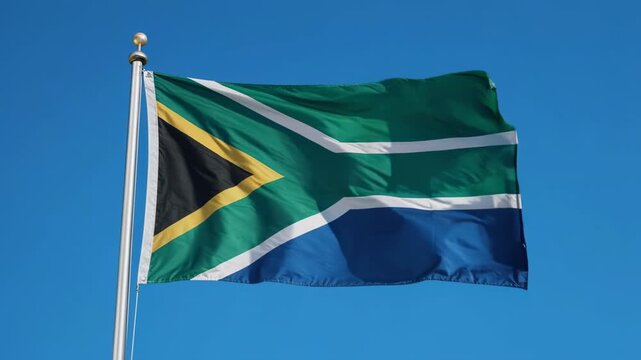 South African flag waving in clear blue sky cinematic motion against bright daylight