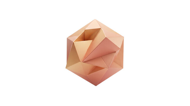 Geometric rose gold paper sculpture, abstract low poly origami shape, metallic copper crystalline object on white background