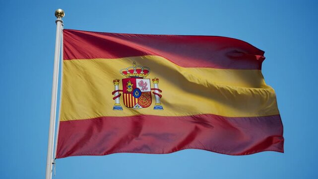 Spanish flag waving gently against a clear blue sky during a sunny day with cinematic motion
