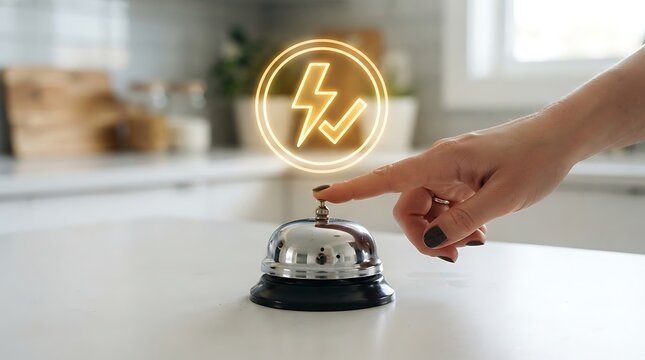 A person's finger pressing a chrome service bell on a white counter, with a glowing neon lightning bolt and checkmark floating above