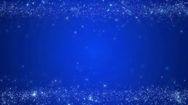 Sparkling blue particles drift across a deep blue gradient background creating a cinematic abstract motion concept