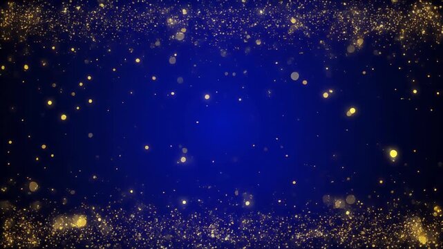Sparkling golden particles float across a deep blue gradient background creating a magical celestial atmosphere