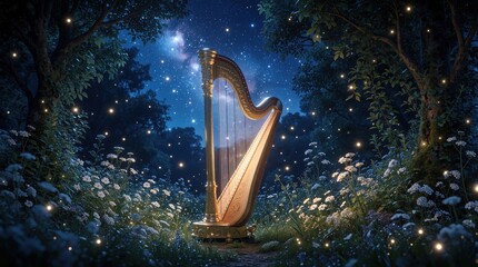 Obraz premium Golden harp stands in a magical forest at night under starry sky. Tiny lights twinkle among white flowers and green trees creating a dreamy atmosphere for fantasy music.