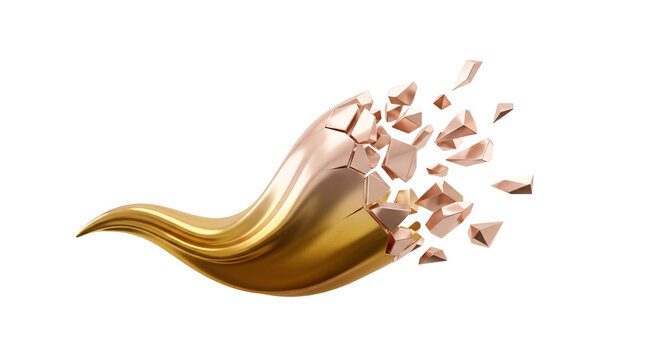 Metallic gold wave shattering into fragments, abstract rose gold liquid splash, luxury chrome explosion on white background