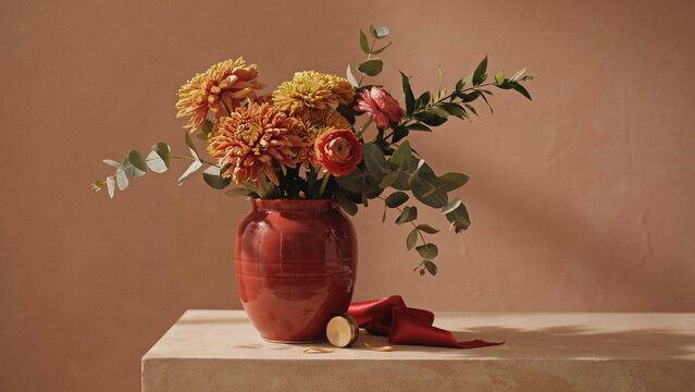 A beautiful bouquet of autumn flowers in a rustic terracotta vase on a stone table against a warm background