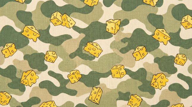 Whimsical camouflage pattern featuring scattered cheese cubes for a fun, unique background.
