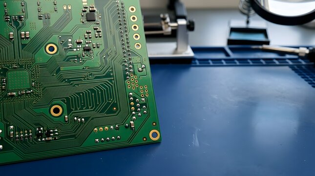 multilayer printed circuit board with intricate copper traces and solder mounted components for electronics manufacturing, circuit design, industrial automation and precision engineering