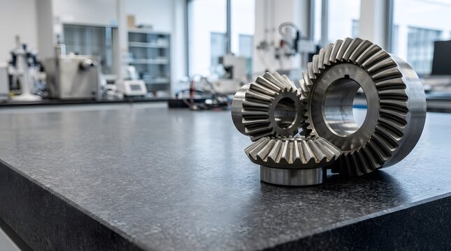 precision bevel gear pair arranged on a granite metrology surface for industrial measurement, mechanical engineering inspection, machining quality control, power transmission design and manufacturing
