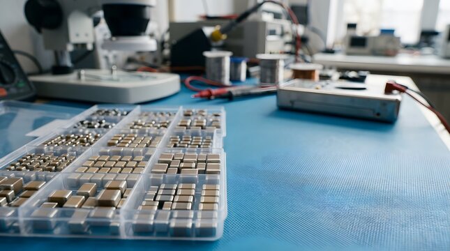 organized precision ceramic capacitor components on an anti static electronics workstation for circuit manufacturing, electronic assembly, component selection, engineering development and industrial t