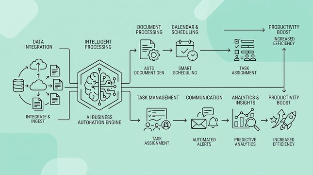 Artificial intelligence business workflow automation engine diagram showing integrated data processing systems