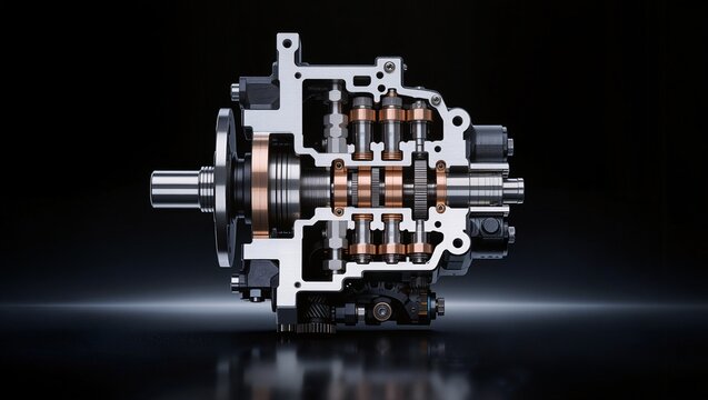 Dual-shaft gearbox with copper disc pack and spur pinion array cross-section, dark background