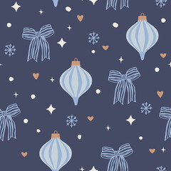 Fototapeta premium Vintage Striped Christmas Baubles and Bows Seamless Pattern on Dark Blue Winter Background