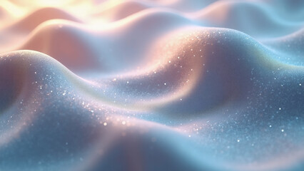 Fototapeta premium Close up view of sparkling holographic fabric texture with wavy surface and blue pink lighting.