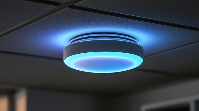 Modern LED Downlight Illuminating a Contemporary Ceiling with a Cool Blue and Cyan Glow, Reflecting Innovation and Smart Technology in Interior Design and Ambient Lighting Solutions