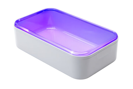Futuristic UV-C Sanitizing Storage Box with Violet LED Light Isolated on White Background for Personal Hygiene Technology.