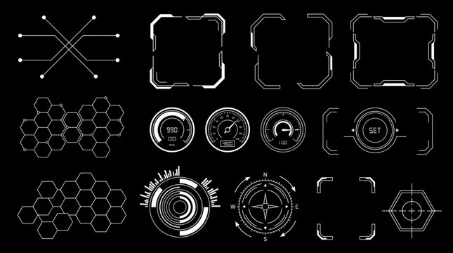 Futuristic UI interface elements. Sci-Fi frames and callouts titles. Digital technology bar, banner, panels, divider, box, high tech lines. Game graphic dashboards. Vector set