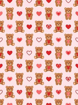 Seamless pattern of cute teddy bears holding hearts on pink background