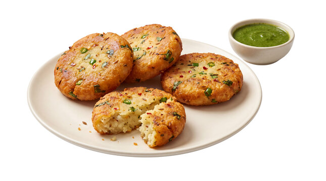 Crispy Aloo Tikki potato patties on plate, golden fried vegetable cutlets with green chutney, traditional Indian street food snacks isolated PNG with Transparent Background
