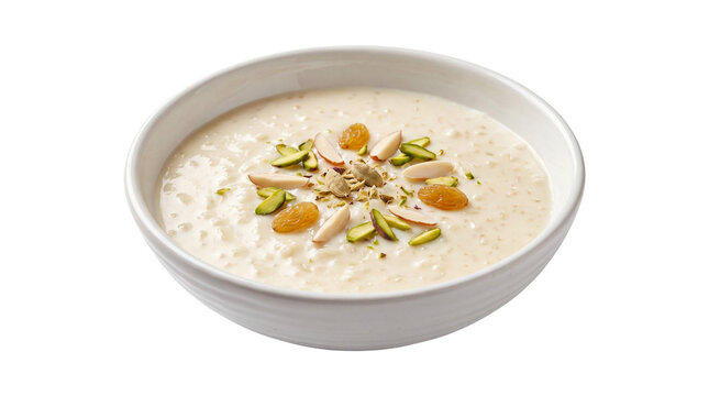 Traditional rice pudding in white bowl, creamy kheer dessert with nuts and raisins, sweet indian dairy pudding with pistachios isolated PNG with Transparent Background