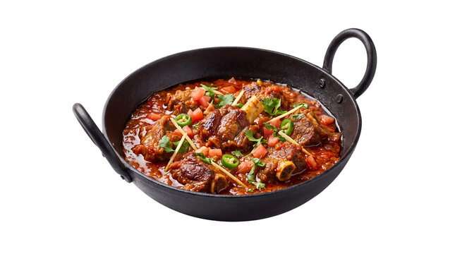 Traditional lamb karahi in black iron wok. Spicy mutton curry with ginger and herbs. Authentic Indian meat stew in balti pan. isolated PNG with Transparent Background